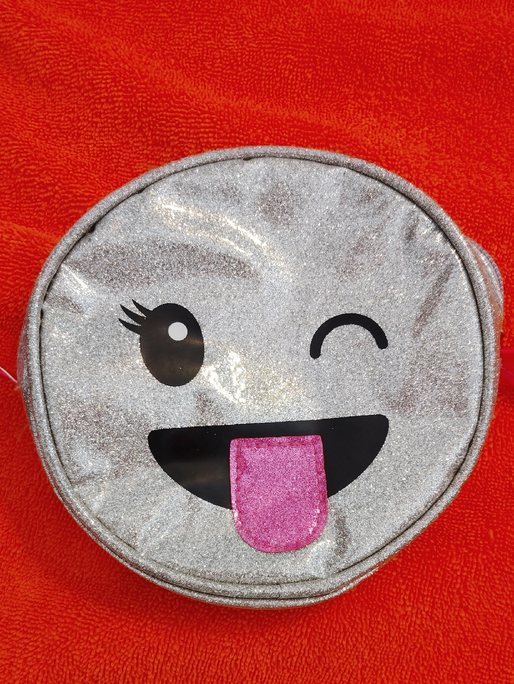 Silver Glitter Winking Emoji Kids Purse with Pink Tongue